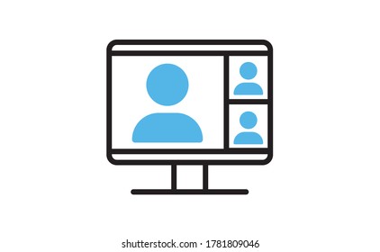 Computer standing with a live broadcast on a streaming channel with a symbol of a person having a video call or online conference meeting. Linear vector icon.

