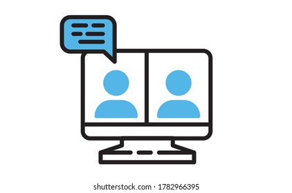 Computer mit einer Live-Sendung auf einem Streaming-Kanal mit dem Symbol einer Person, die einen Videoanruf oder eine Online-Konferenz hält. Lineares Vektorsymbol.
