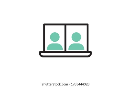 Computer standing with a live broadcast on a streaming channel with a symbol of a person having a video call or online conference meeting. Linear vector icon.
