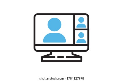 Computer standing with a live broadcast on a streaming channel with a symbol of a person having a video call or online conference meeting. Linear vector icon.
