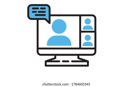 Computer standing with a live broadcast on a streaming channel with a symbol of a person having a video call or online conference meeting. Linear vector icon.
