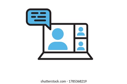 Computer standing with a live broadcast on a streaming channel with a symbol of a person having a video call or online conference meeting. Linear vector icon.
