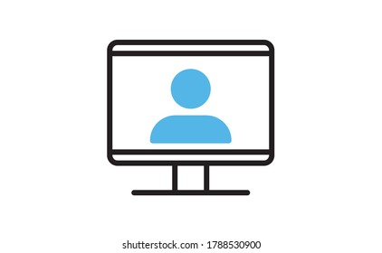 Computer standing with a live broadcast on a streaming channel with a symbol of a person having a video call or online conference meeting. Linear vector icon.
