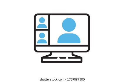 Computer standing with a live broadcast on a streaming channel with a symbol of a person having a video call or online conference meeting. Linear vector icon.
