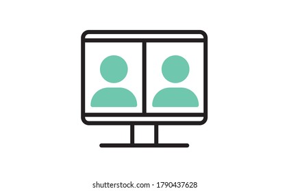 Computadora parada con una transmisión en vivo en un canal de transmisión con un símbolo de una persona que tiene una videollamada o una reunión de conferencia en línea. Icono de vector lineal.
