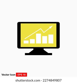 Computer with static graph icon vector. data monitoring icon, graph in computer screen, vector illustration.