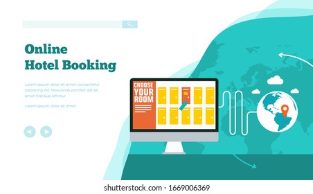 Computer, stationary, coffee on desk. Many variations for choosing on screen. Online hotel, room, ticket reservation, accommodation, planning of vacation concept. Vector design for travel projects.