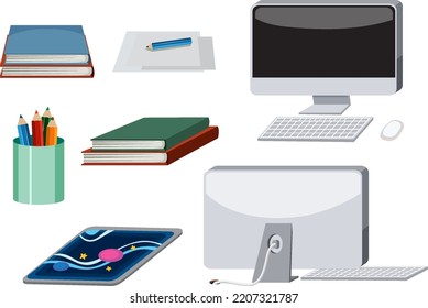 Computer and stationary objects set illustration