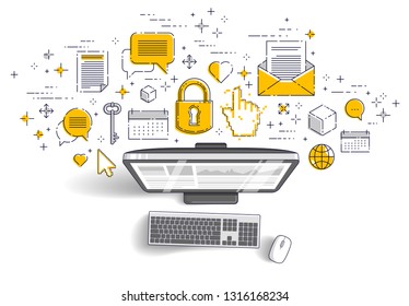 Computer with statistics infographics and set of icons, online business, internet electronic finances, vector design.