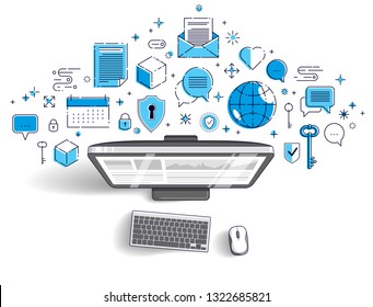 Computer with statistics infographics and set of icons, online business, internet electronic finances, vector design.