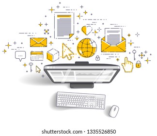 Computer with statistics infographics and set of icons, online business, internet electronic finances, vector design.