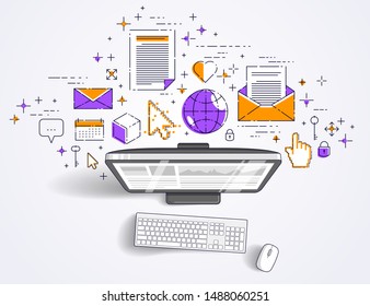 Computer mit statistischen Infografiken und Symbolen, Online-Geschäft, Internet-elektronische Finanzen, Vektorillustration-Design.