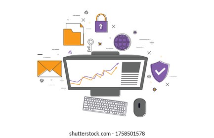 Computer with statistics infographics and set of icons, online business vector