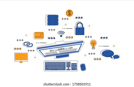 Computer with statistics infographics and set of icons, online business vector