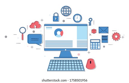 Computer with statistics infographics and set of icons, online business vector