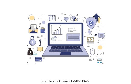 Computer mit statistischen Infografiken und Symbolen, Online-Business-Vektorgrafik