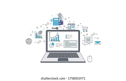 Computer with statistics infographics and set of icons, online business vector