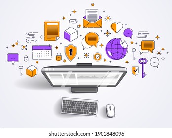 Computer with statistics infographics and set of icons, online business, internet electronic finances, vector design.