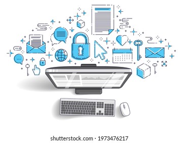 Computer with statistics infographics and set of icons, online business, internet electronic finances, vector design.