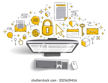 Computer with statistics infographics and set of icons, online business, internet electronic finances, vector design.