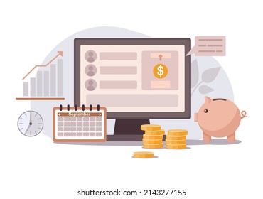Computadora con estadísticas infográficas y conjunto de iconos, negocios en línea, finanzas