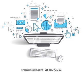 Computer with statistics infographics and set of icons, online business, internet electronic finances, vector design.