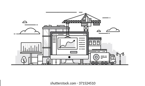 Computer with statistics on the background of a city under construction