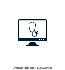 Computer with stethoscope icon, online docor concept illustration isolated on white background.