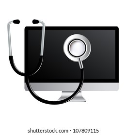 Computadora Con Estetoscopio, Aislada En Fondo Blanco, Ilustración Vectorial