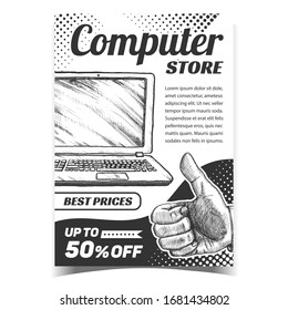 Computer Store Creative Advertising Banner Vector. Laptop Computer Digital Gadget And Man Hand Gesture Showing Good. Technological Device Concept Template Designed In Vintage Style Illustration