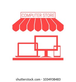 Computer Store, Electronic Devices Shop Single Flat Vector Icon. Striped Awning and Signboard. A Series of Shop Icons.