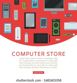 Computer store and electronic gadgets communication high tech devices poster vector illustration. Various computer devices store, smartphones, tablets, play joysticks and music column.
