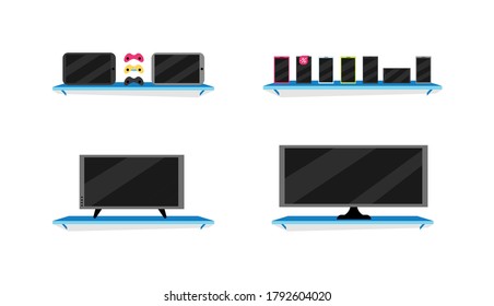 Computer store flat color vector objects set. Electronic and technologies shop products. Televisions and phones. isolated cartoon illustration for web graphic design and animation collection