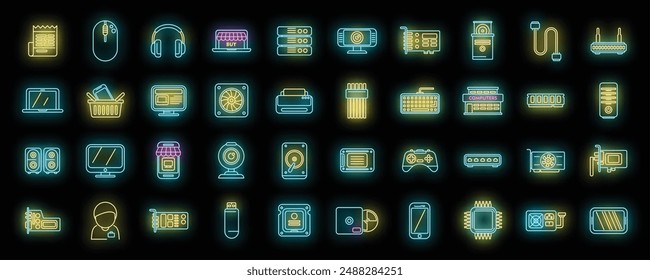 Computer store icons set outline vector. Online store. Marketplace order neon color on black