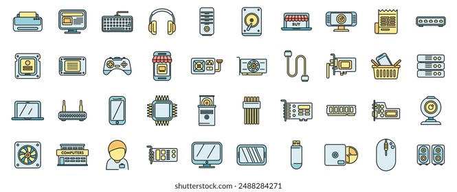 Computer store icons set outline vector. Online store. Marketplace order thin line color flat on white