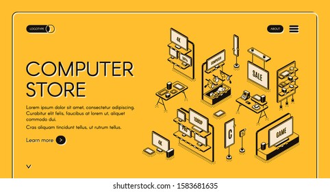 Computer store isometric landing page. Empty mall interior with electronic production on shelves, game panels, monitors and gadgets for gaming, counter desk 3d vector line art illustration, web banner