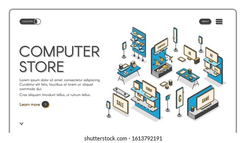 Computer store isometric landing page. Empty mall interior with electronic production on shelves, game panels, monitors and gadgets for gaming, counter desk 3d vector line art illustration, web banner