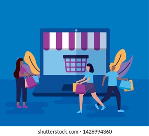computer store online shopping girls carry bags vector illustration