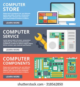 Computer store, computer service, computer components, parts flat illustration concept set. Modern flat design concepts for web banners, web sites, printed materials, infographics. Vector illustration