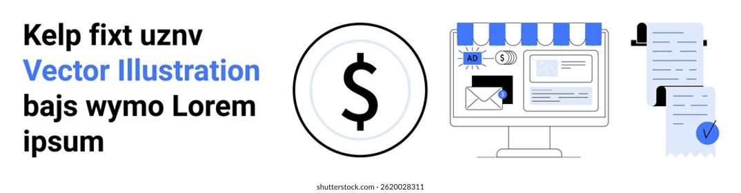 Computador com aviso de vitrine eletrônica, email, símbolo de pagamento e recibo. Ideal para compras on-line, plataformas de comércio eletrônico, transações financeiras, marketing digital, sites de negócios, contabilidade
