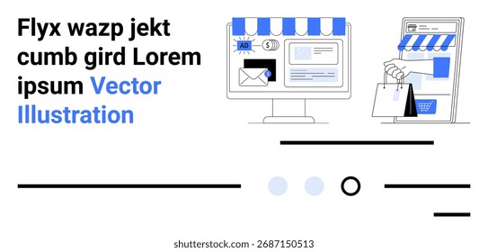 Computer with storefront, mobile shopping, and email notification icons. Ideal for online shopping, e-commerce, digital marketing, mobile shopping, web design, advertising, user interface. Landing