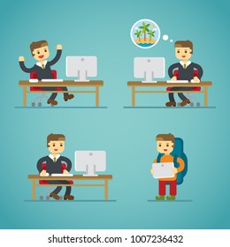 Computer student manager freelance icon vector set flat illustration business man dreaming vacation holiday rest. Work computer programmer businessman worker employee freelancer job staff tie boss