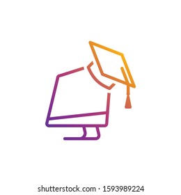Computer with a student's hat vector icon in bright gradient colors for internet and online education, e-learning resources, distant online courses, universities and schools.