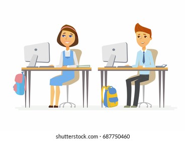 Computer studies - modern vector illustration of happy teenage senior school children working at the PCs. Boy and girl studying in classroom, having online lesson, courses, webinar