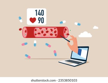 Computer studying blood vessels and veins. Cardiovascular system, cardiology, medical examination. Vector illustration