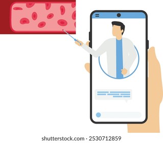 Computador estudando vasos sanguíneos e veias. Sistema cardiovascular, cardiologia, exame médico. Ilustração vetorial

