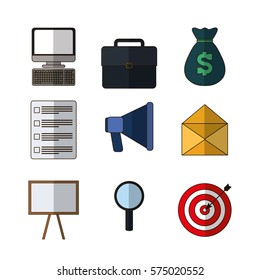 computer suitcase money checklist megaphone envelope board search bullseye business related icons image vector illustration design 