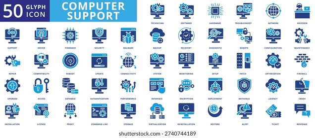 computer support icon pack flat contains technician, software, hardware, troubleshoot, network, helpdesk, repair, upgrade, installation, maintenance, recovery, backup, security, setup, antivirus
