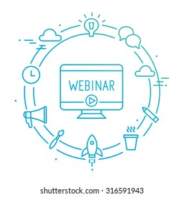 Computer Surrounded by Outline Social Icons. Webinar, Webcast, Livestream, Online Event Illustration.