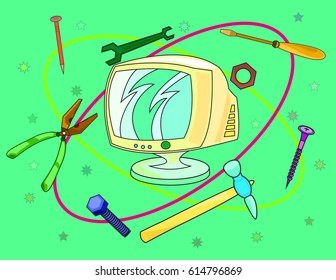 The computer is surrounded by tools.